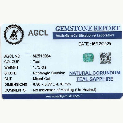 1.75 ct unheated teal sapphire gemstone with excellent clarity and natural steely hue