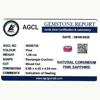 1.05 ct pink sapphire gemstone in cushion cut with brilliant pink hue and excellent clarity
