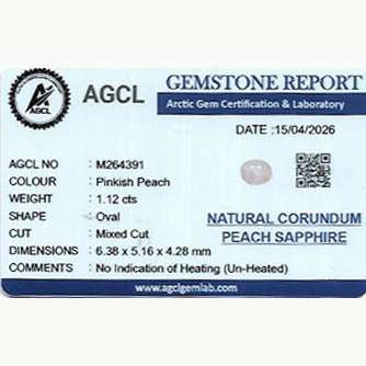 1.12 ct oval natural unheated peach sapphire gemstone with brilliant clarity and soft peach hue