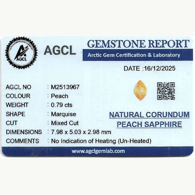 0.79 carat unheated peach sapphire gemstone with excellent clarity and soft peach hue for jewelry designs