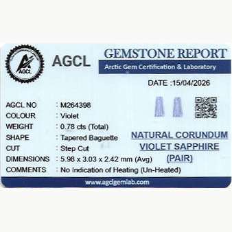 Lab report for 0.78 ctw matched pair natural purple sapphires
