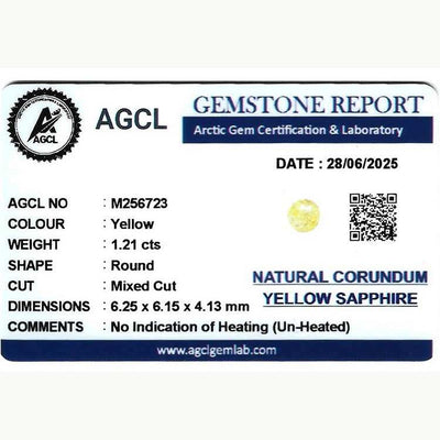 1.21 ct untreated yellow sapphire gemstone with natural golden hue and excellent clarity
