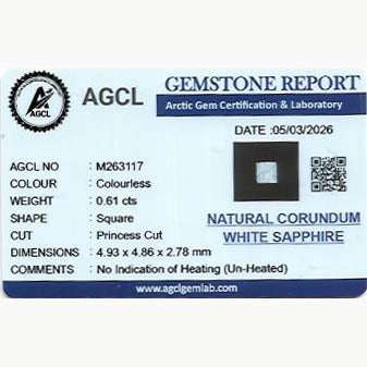 0.61 ct untreated white sapphire gemstone with brilliant sparkle, ideal diamond substitute for custom jewelry designs