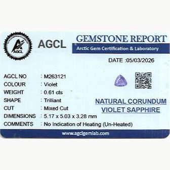 0.61 ct unheated violet sapphire gemstone with rich violet hue and high clarity