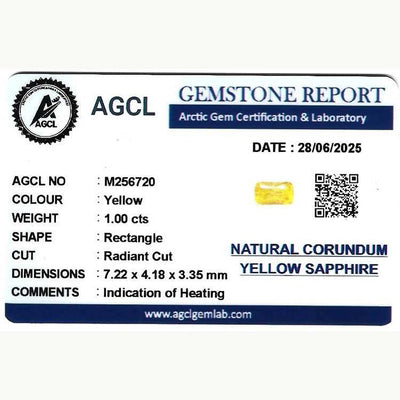 1.00 ct yellow sapphire gemstone with radiant cut and vibrant golden hue