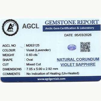 0.83 ct unheated violet sapphire gemstone with deep purple color and excellent clarity