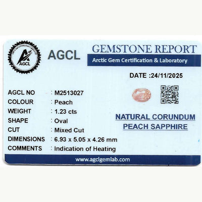 1.23 ct peach sapphire gemstone with warm peach hues and brilliant cut