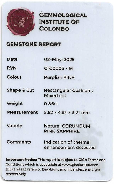 Lab report for 0.86 ct natural hot pink Ceylon sapphire
