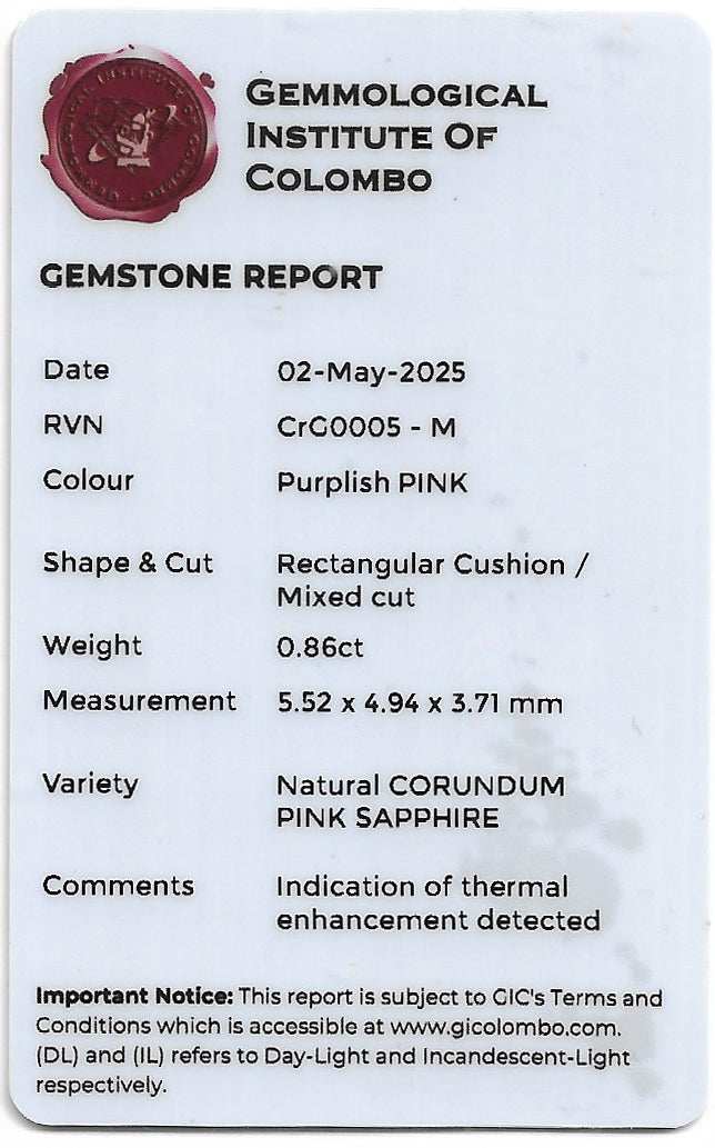 Lab report for 0.86 ct natural hot pink Ceylon sapphire