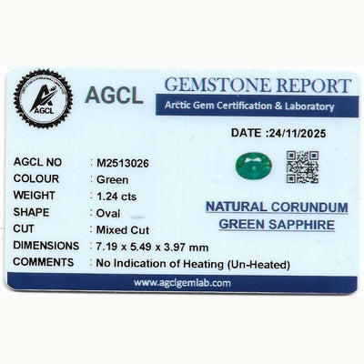 1.24ct natural unheated green sapphire gemstone with excellent clarity and brilliance