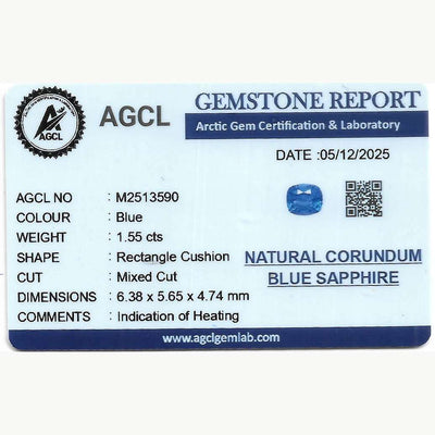1.55 ct blue sapphire gemstone with deep Ceylon blue color and excellent clarity for fine jewelry
