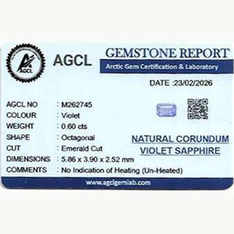 0.60 ct natural unheated purple sapphire gemstone with vivid violet color and brilliant clarity