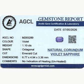 Lab report for 1.10 ct natural unheated Ceylon violet sapphire