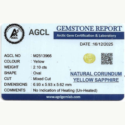 2.10 ct unheated Yellow Sapphire gemstone with natural golden hue and excellent clarity