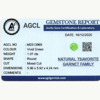 1.07 ct vibrant green tsavorite garnet gemstone with excellent clarity and sparkle