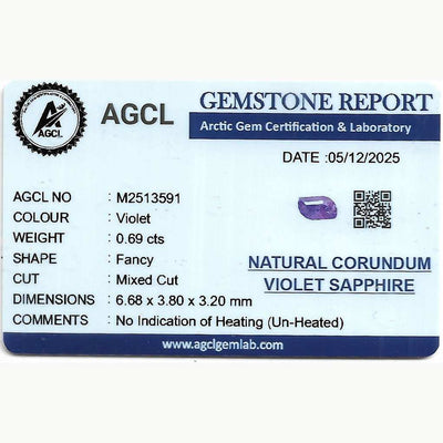 0.69 ct unheated purple sapphire with fancy cut gemstone close-up