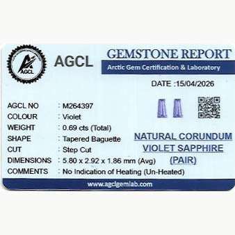Lab report for 0.69 ctw matched pair natural purple sapphires