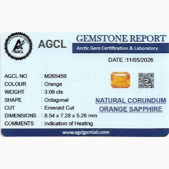 3.09 ct emerald cut natural orange sapphire with vibrant color and GIA certification