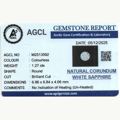 1.27ct 1 carat round white Sapphire from Sri Lanka with excellent clarity and brilliant sparkle