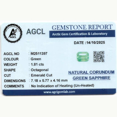 1.81 ct unheated mint green sapphire emerald cut gemstone with brilliant sparkle and excellent clarity