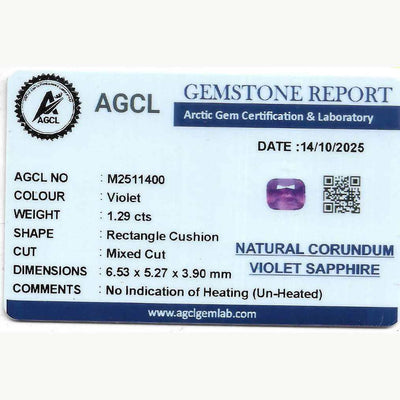 Lab report for 1.29 ct natural unheated violet sapphire