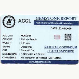 0.61 Ct unheated peach sapphire gemstone with warm peach hue and brilliant cut