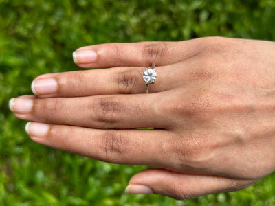 1.30 ct round white sapphire showing color and clarity on display