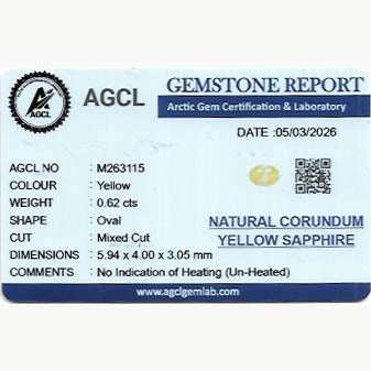 0.62ct unheated yellow sapphire gemstone with natural golden hue and excellent clarity