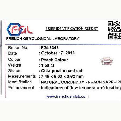 1.50 carat peach sapphire gemstone with excellent clarity and brilliant peach hue for jewelry design