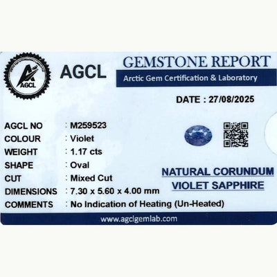 1.17ct oval color change sapphire from Ceylon with violet and blue hues, unheated and expertly cut for brilliance