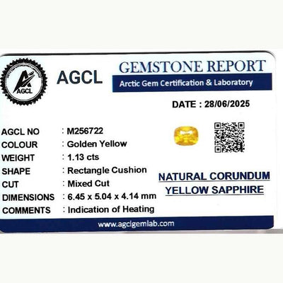 1.13 ct cushion cut golden yellow sapphire with excellent clarity and brilliance