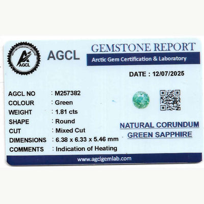 1.81 ct green sapphire round-cut gemstone with brilliant green color and excellent clarity