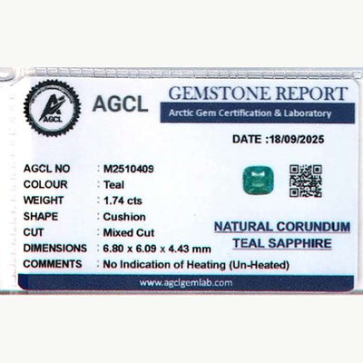 1.74ct unheated bluish green sapphire gemstone from Sri Lanka with excellent clarity and natural brilliance