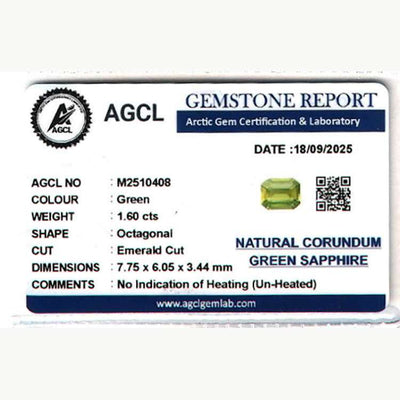 1.60 ct unheated green sapphire with emerald cut and high clarity