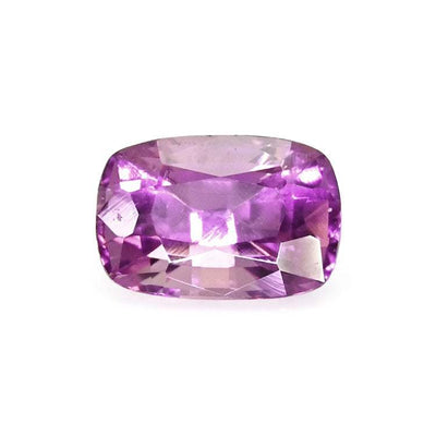 Close-up image of a 1.05 ct cushion-cut pink sapphire gemstone with brilliant pink hue and excellent clarity